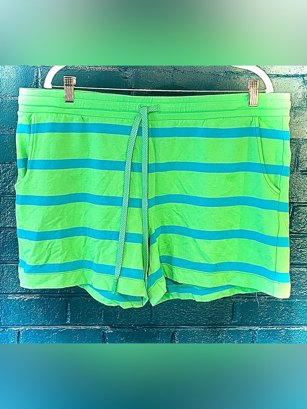 Green & Teal Striped Women’s Casual Drawstring Shorts (Bottom Half)